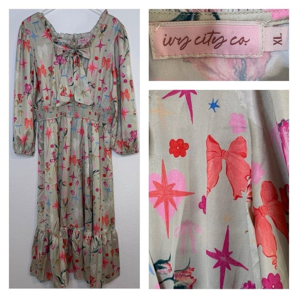Ivy City Co XL Dress Midi‎ Ruffle Bow Star Floral Print Satin Long Sleeve